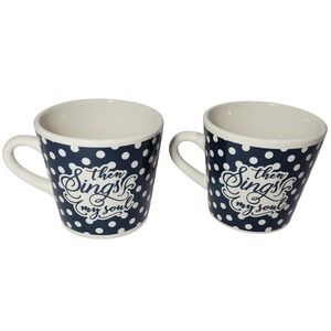 Trisa Set‎ of 2 Navy Blue White Polka Dot Coffee Mugs Christian Song Lyric